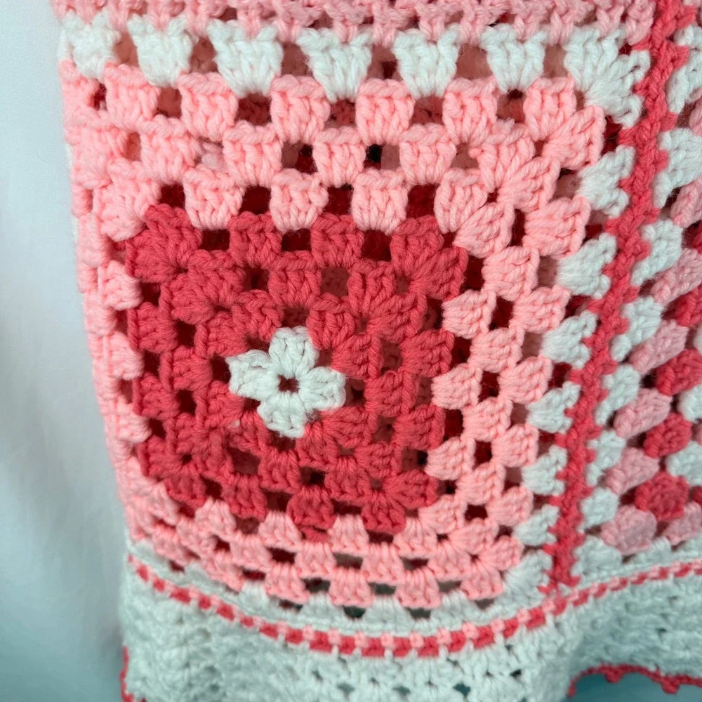 Large Handmade Crocheted Blanket Red Pink White Granny Square 84x130 Cottagecore